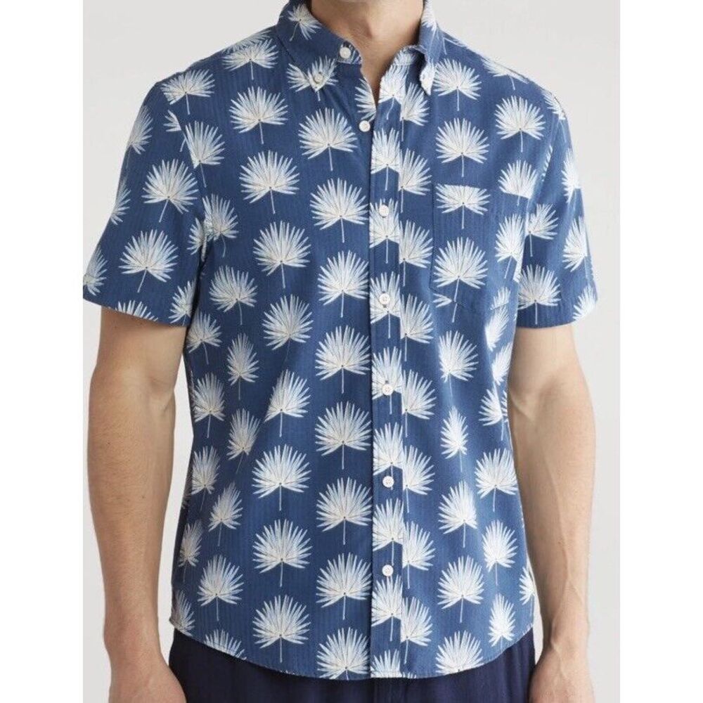 New $88 Tailor Vintage Button Seersucker Shirt Men Puretec Cool Fan Palms Blue L